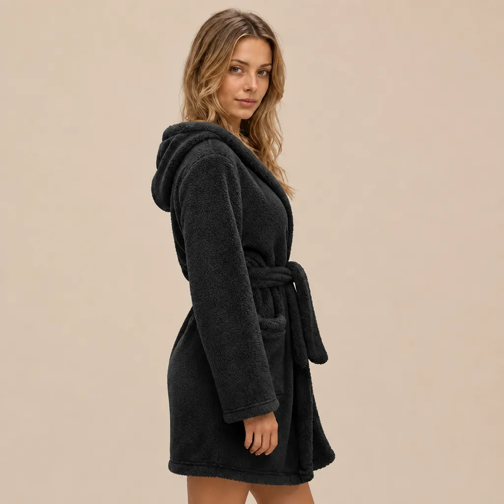 La boutique du peignoir Peignoir Capuche Femme - Court en Polaire, Noir