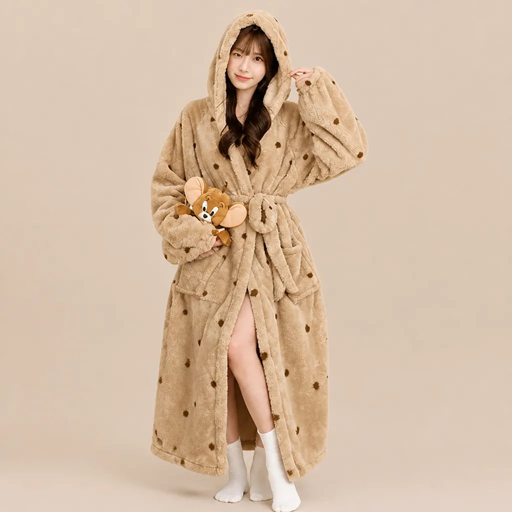 La boutique du peignoir Peignoir Capuche Femme - Long en Polaire Imprimée, Camel à Pois