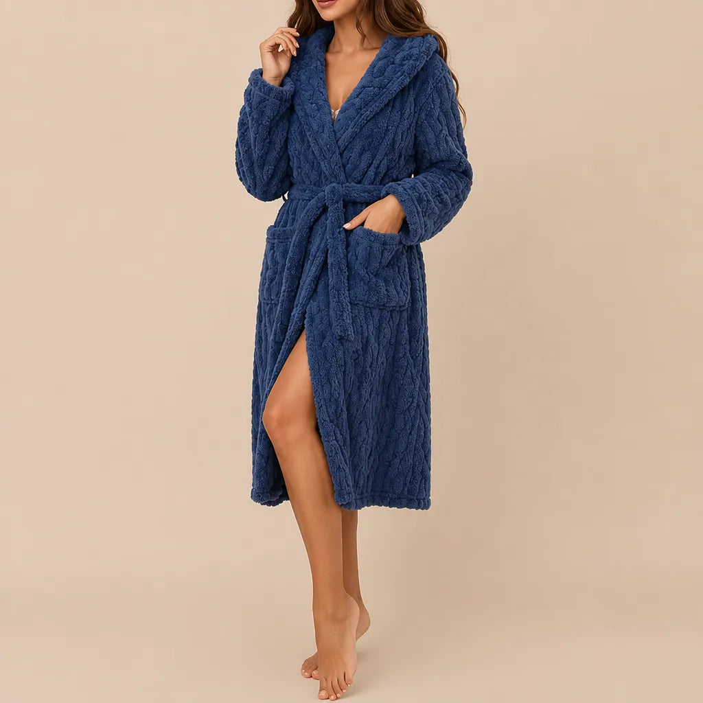 La boutique du peignoir Peignoir Capuche Femme - Long en Polaire Torsadée, Bleu Marine