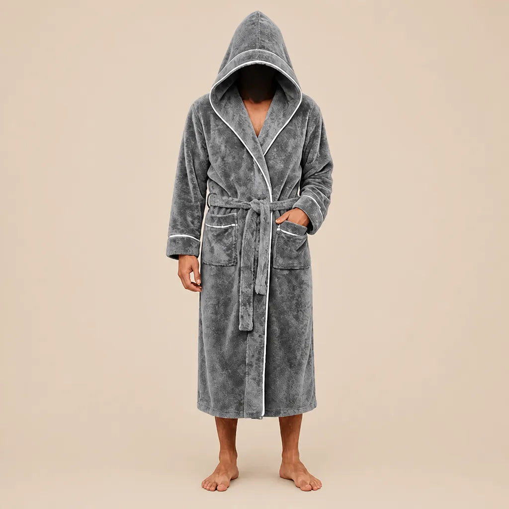 La boutique du peignoir Peignoir Capuche Homme - Long en Polaire à Liseré, Gris