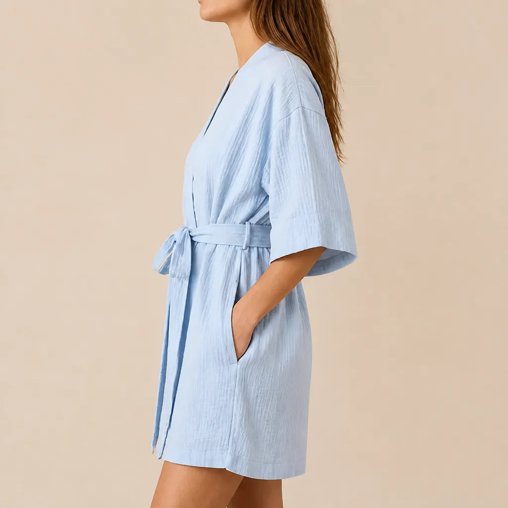 La boutique du peignoir Peignoir Coton Femme - Court à Manches Kimono, Bleu Ciel
