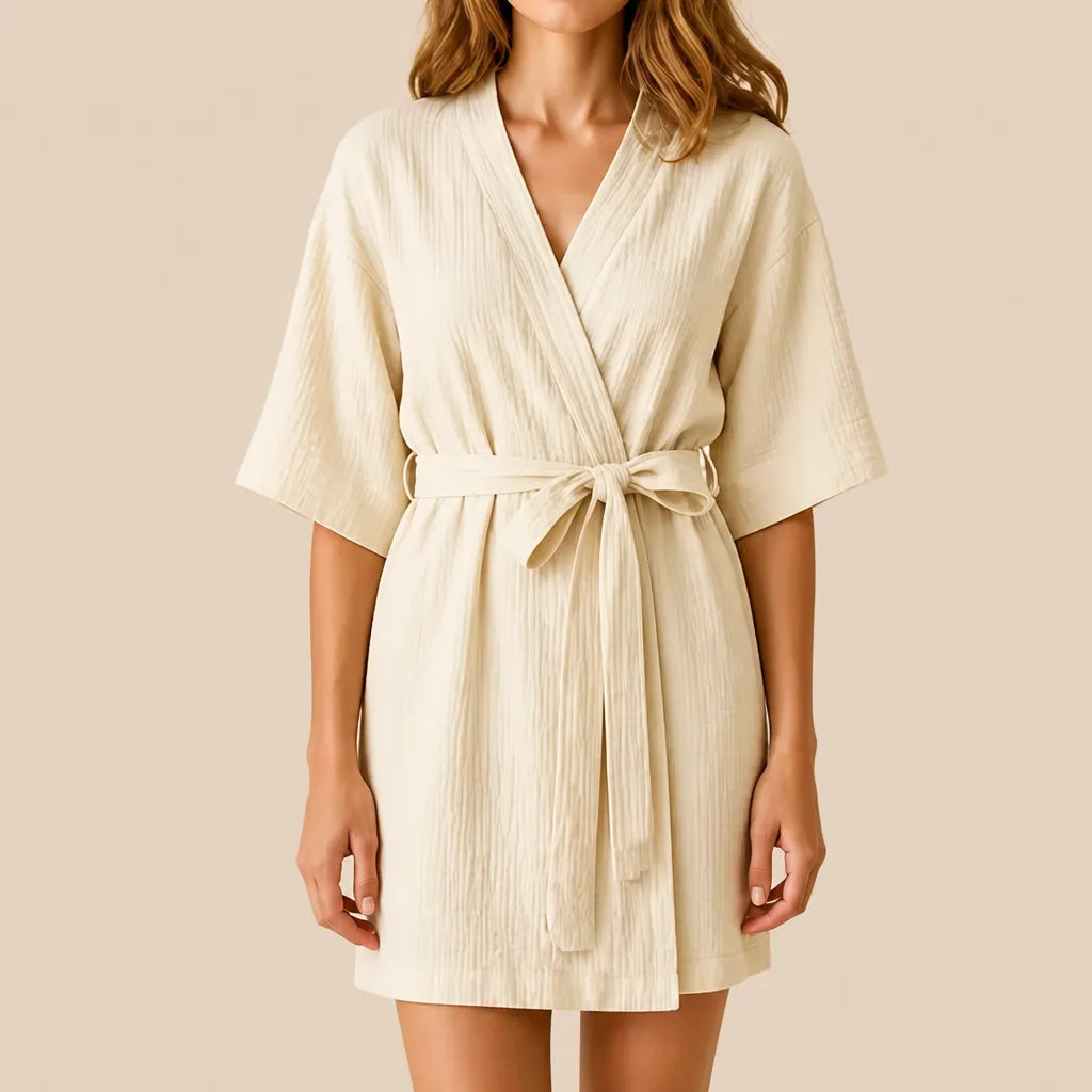 La boutique du peignoir Peignoir Coton Femme - Court à Manches Kimono, Écru
