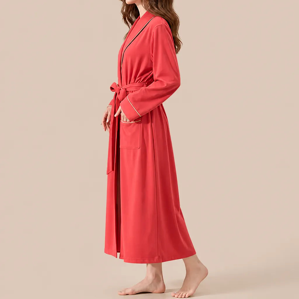 La boutique du peignoir Peignoir Coton Femme - Long à Liseré, Rouge Corail