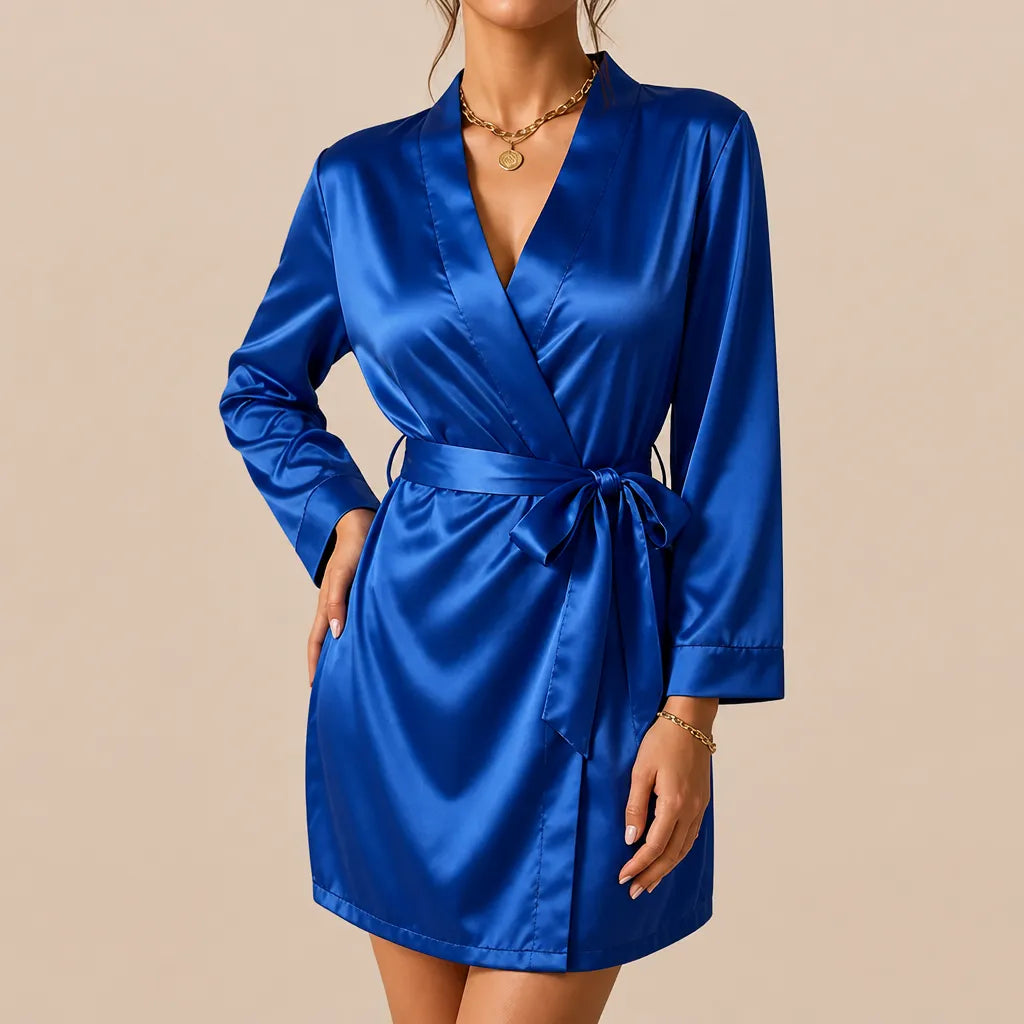 La boutique du peignoir Peignoir Court Femme - en Satin Uni, Bleu Roi