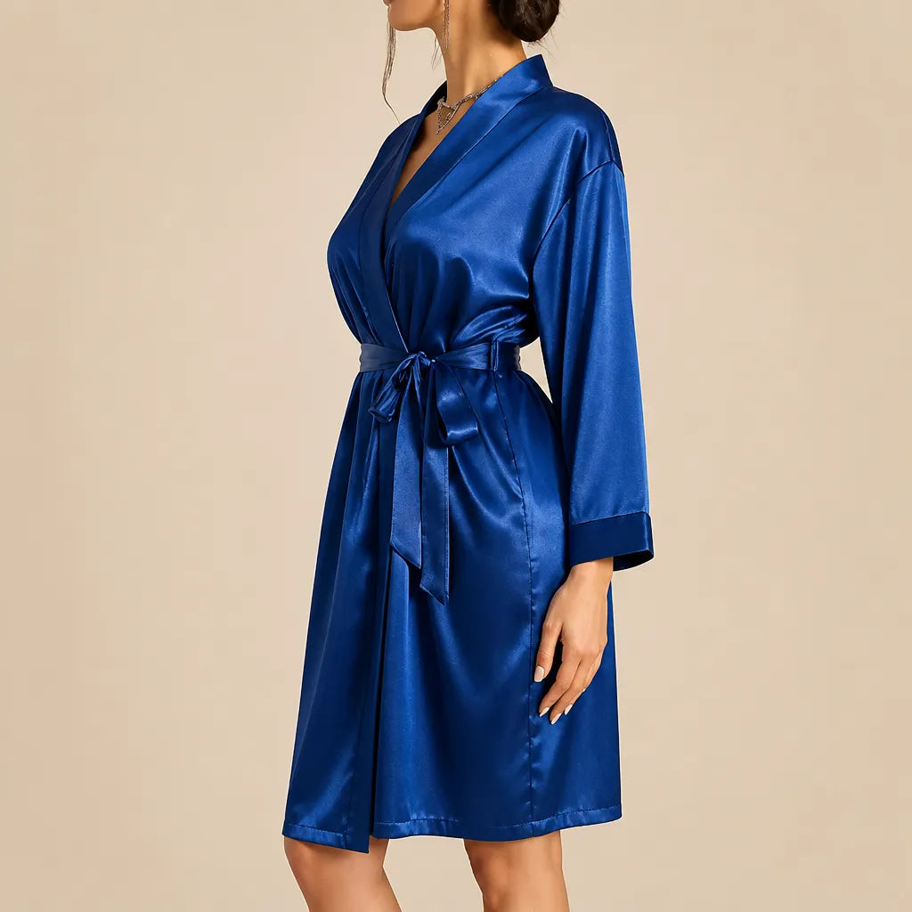 La boutique du peignoir Peignoir Court Femme - en Satin Uni, Bleu Saphir