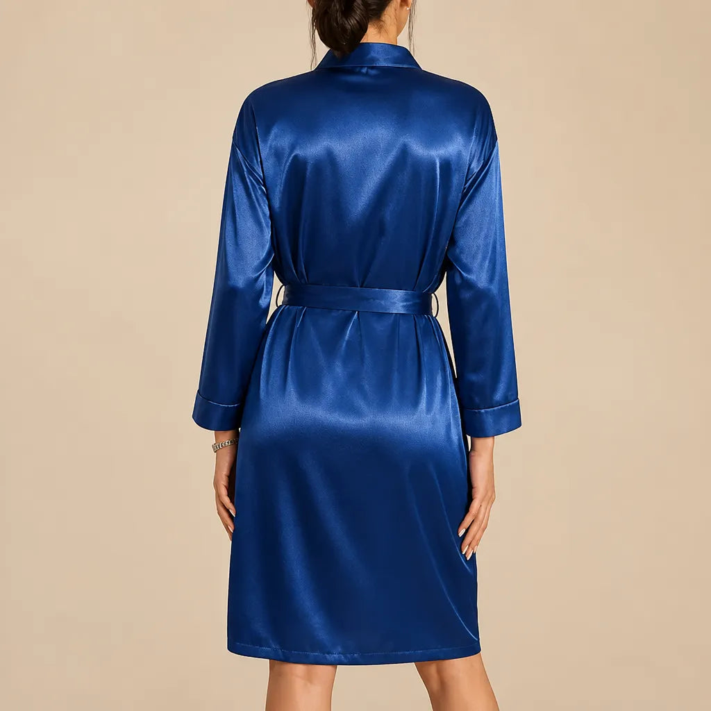 La boutique du peignoir Peignoir Court Femme - en Satin Uni, Bleu Saphir