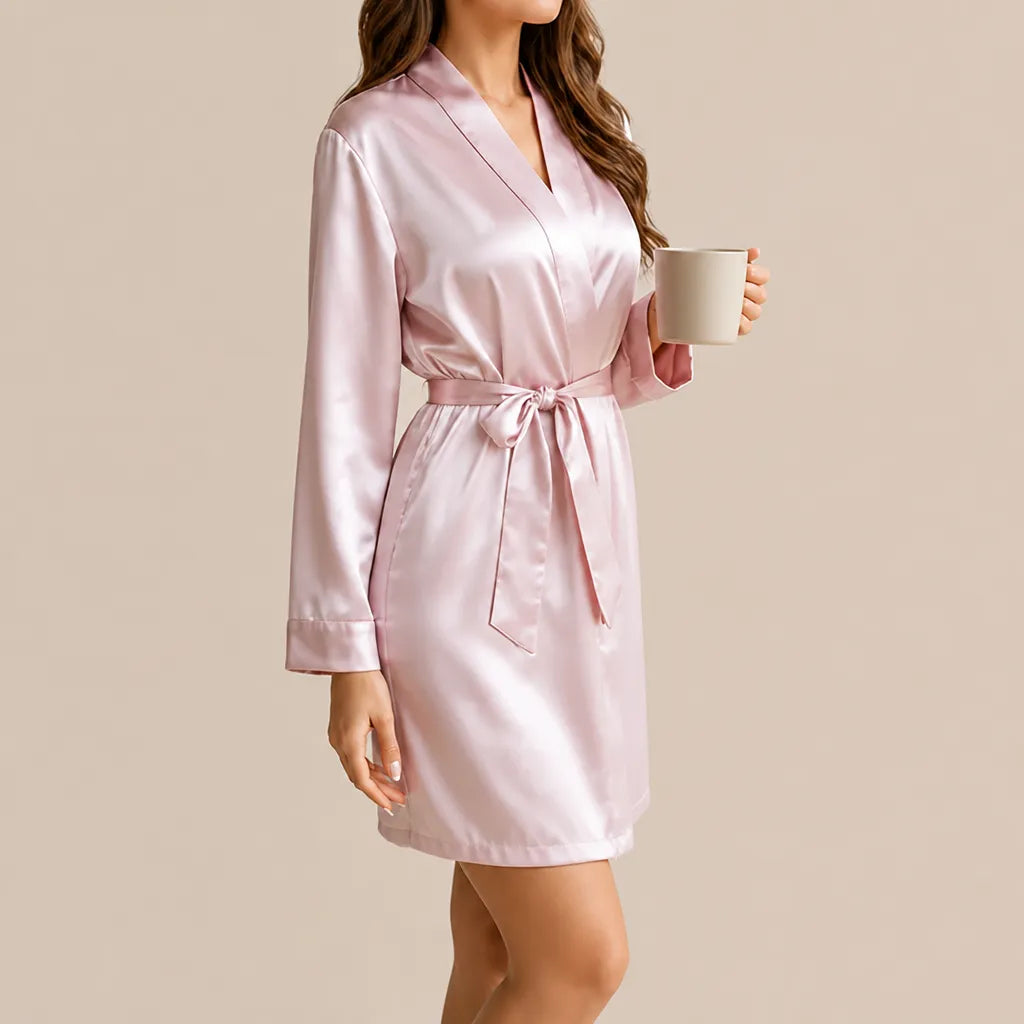 La boutique du peignoir Peignoir Court Femme - en Satin Uni, Rose Poudré