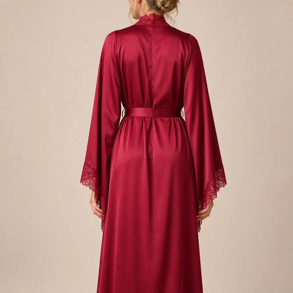 La boutique du peignoir Peignoir Femme Luxe - Satin Long à Dentelle, Bordeaux
