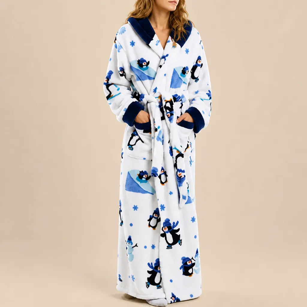 La boutique du peignoir Peignoir Femme Polaire - Long à Capuche, Blanc à Pingouins