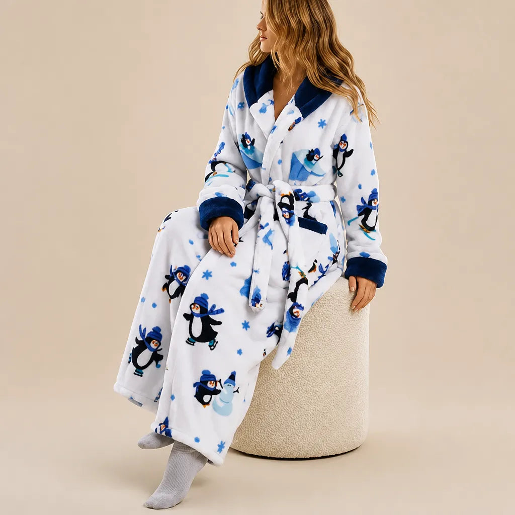 La boutique du peignoir Peignoir Femme Polaire - Long à Capuche, Blanc à Pingouins