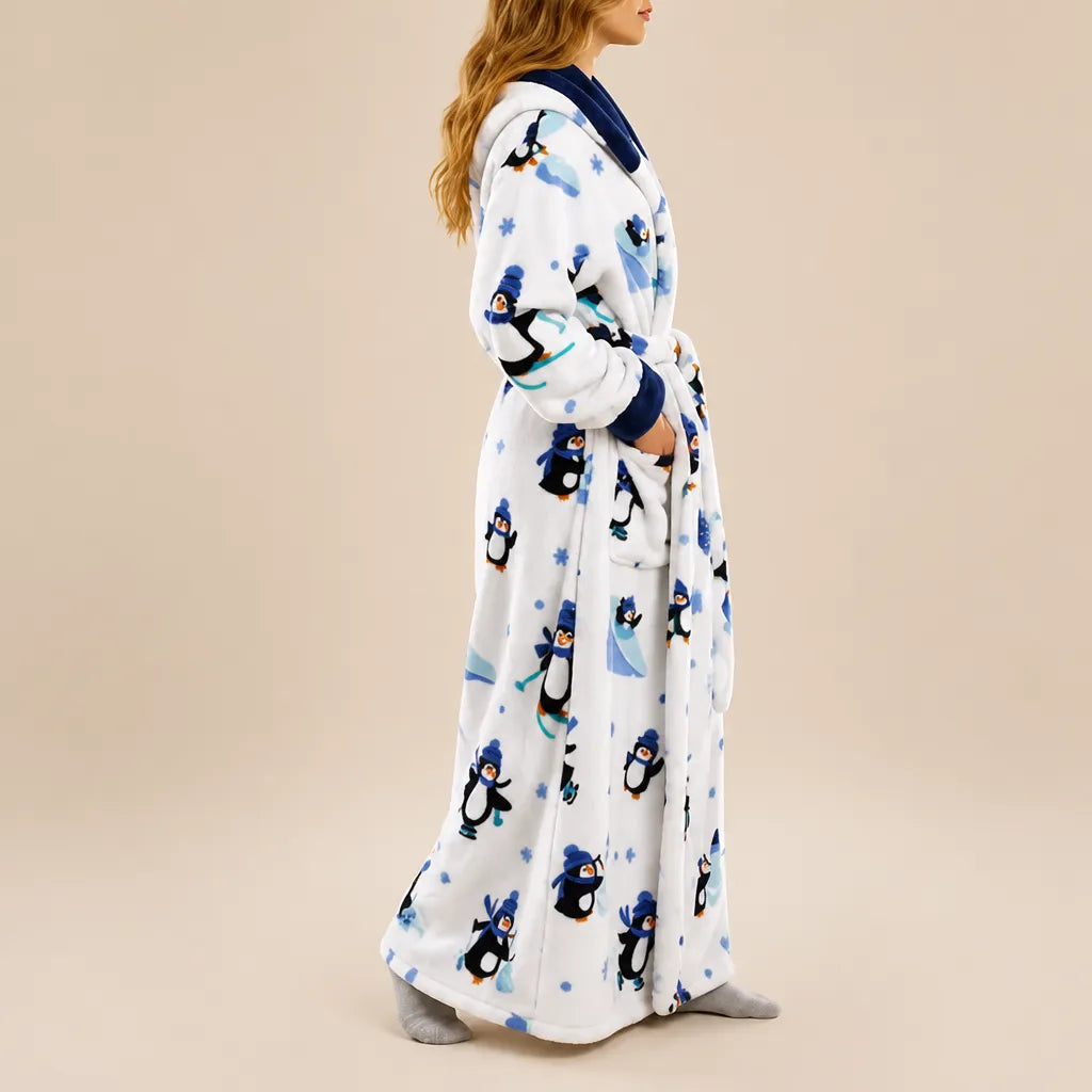 La boutique du peignoir Peignoir Femme Polaire - Long à Capuche, Blanc à Pingouins