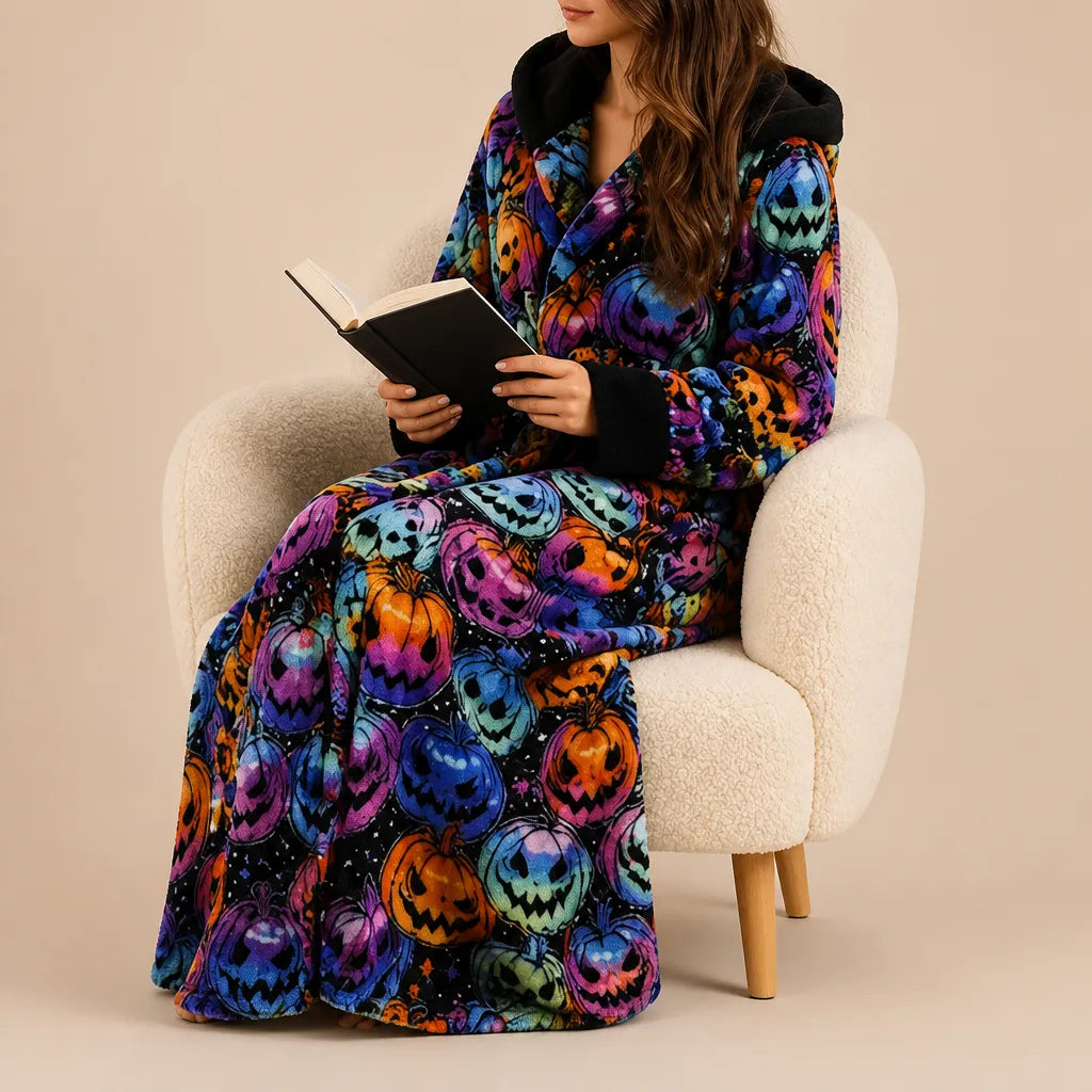La boutique du peignoir Peignoir Femme Polaire - Long à Capuche, Noir à Citrouilles