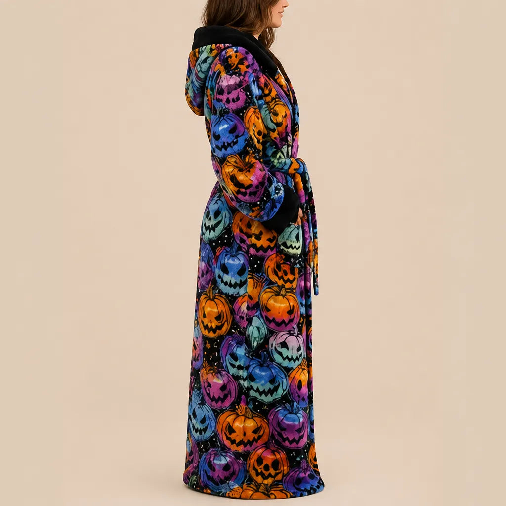 La boutique du peignoir Peignoir Femme Polaire - Long à Capuche, Noir à Citrouilles