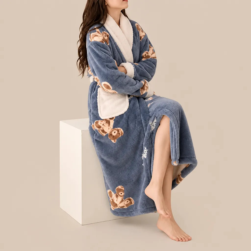 La boutique du peignoir Peignoir Femme Polaire - Long à Col Blanc, Bleu Gris à Oursons