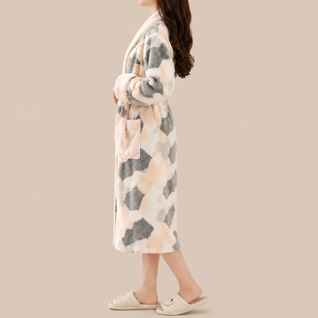 La boutique du peignoir Peignoir Femme Polaire - Long à Col Blanc, Écru à Fleurs Grises
