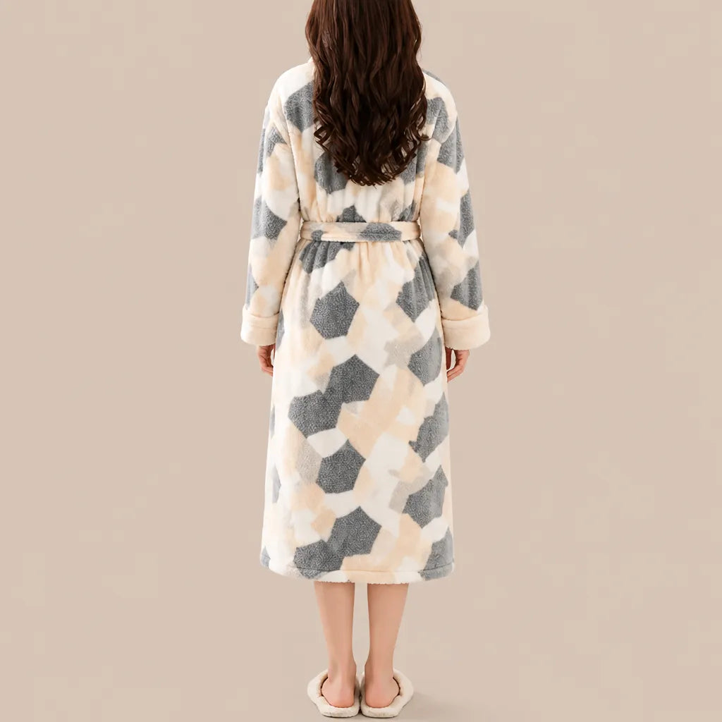 La boutique du peignoir Peignoir Femme Polaire - Long à Col Blanc, Écru à Fleurs Grises