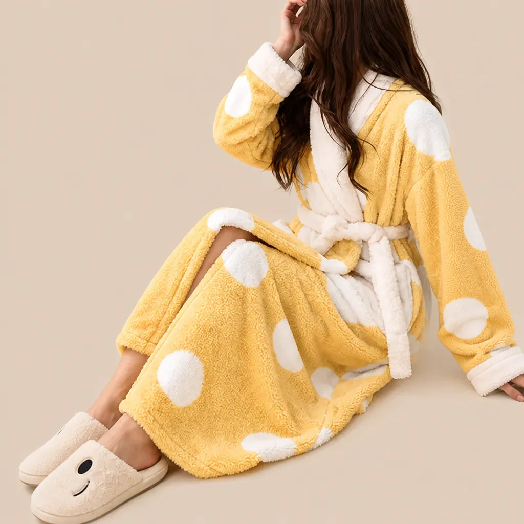 La boutique du peignoir Peignoir Femme Polaire - Long à Col Blanc, Jaune à Pois
