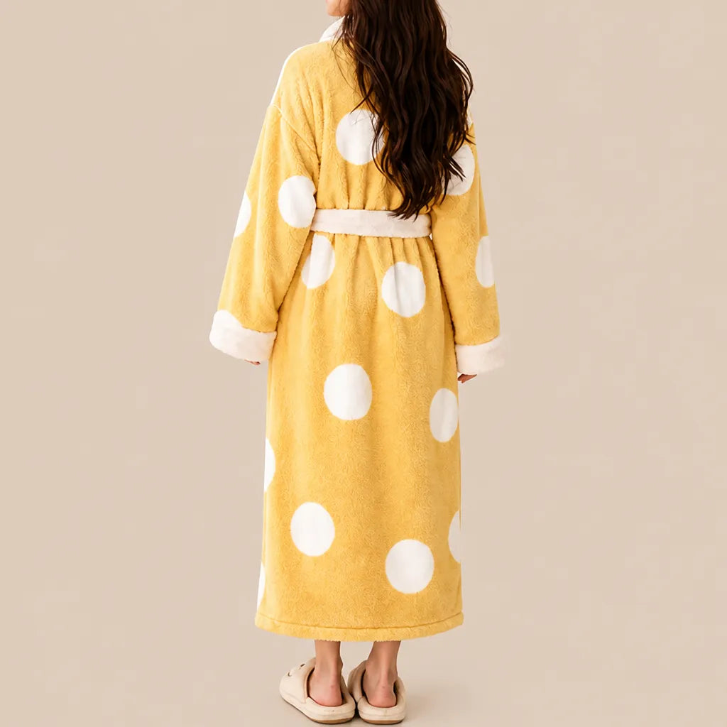 La boutique du peignoir Peignoir Femme Polaire - Long à Col Blanc, Jaune à Pois