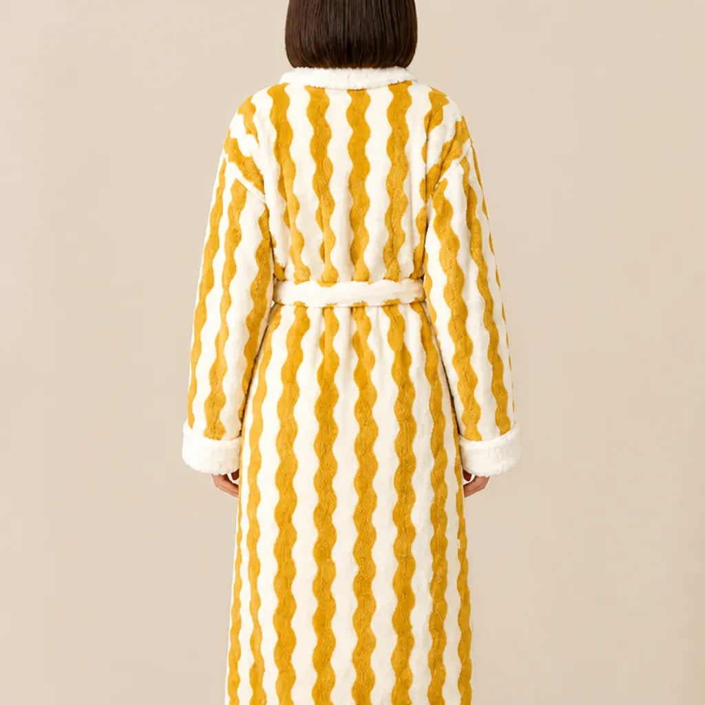 La boutique du peignoir Peignoir Femme Polaire - Long à Col Blanc, Jaune à Rayures Ondulées
