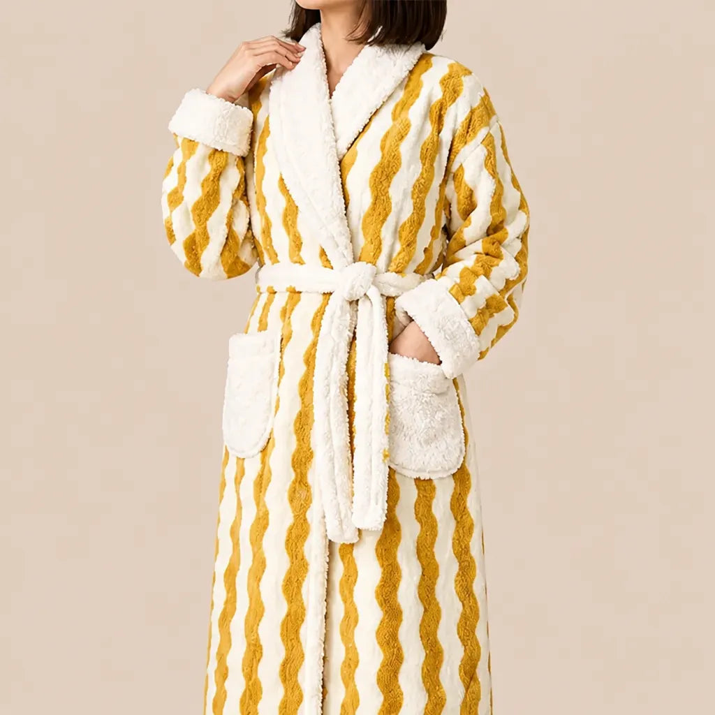 La boutique du peignoir Peignoir Femme Polaire - Long à Col Blanc, Jaune à Rayures Ondulées