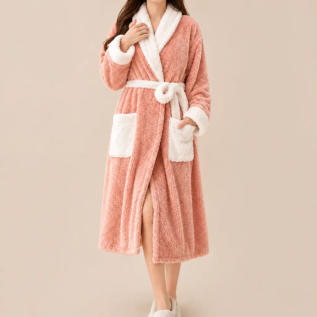 La boutique du peignoir Peignoir Femme Polaire - Long à Col Blanc, Rose Saumon