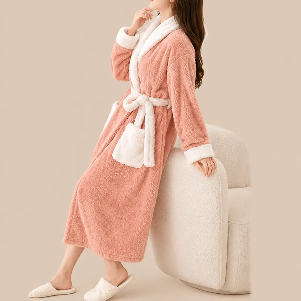 La boutique du peignoir Peignoir Femme Polaire - Long à Col Blanc, Rose Saumon