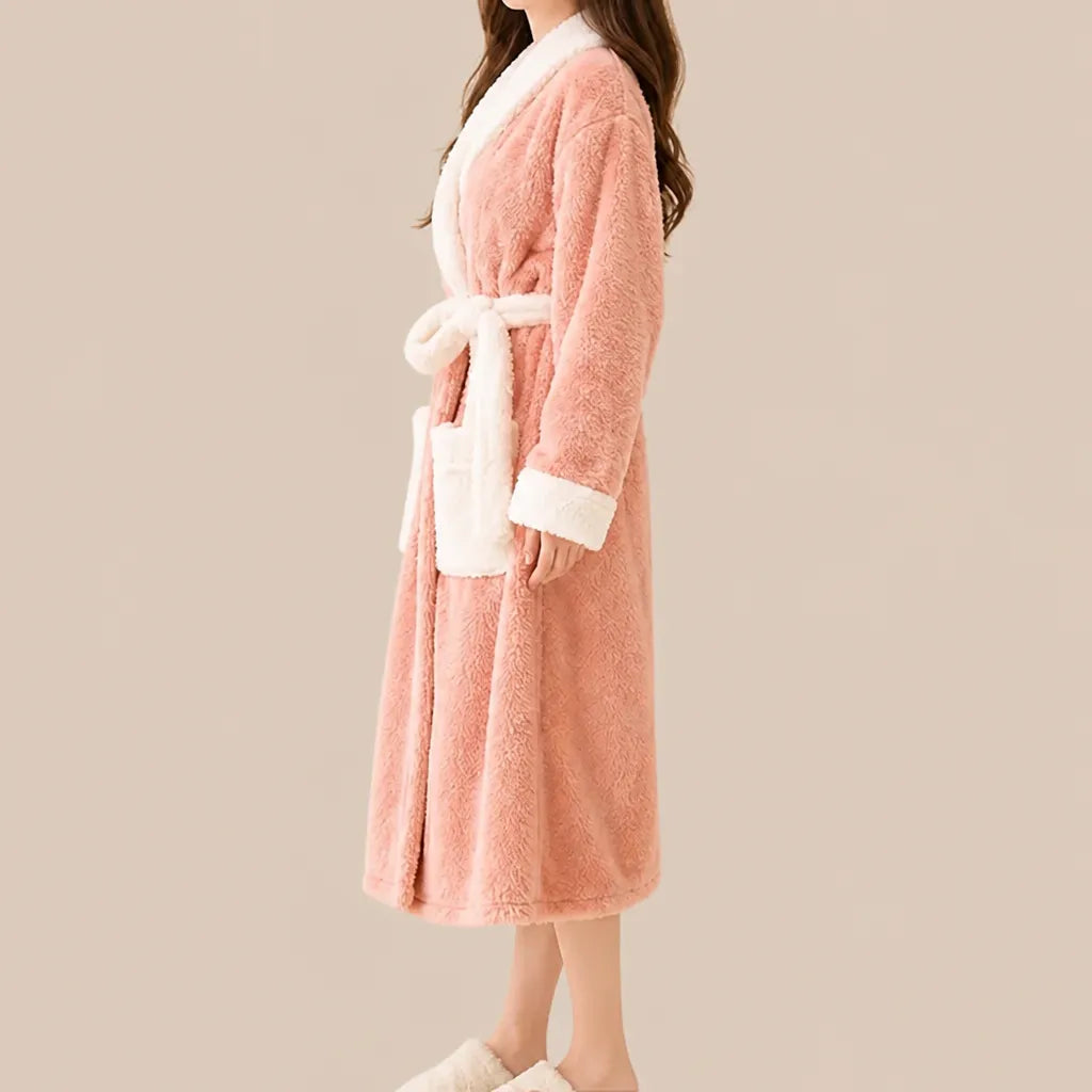 La boutique du peignoir Peignoir Femme Polaire - Long à Col Blanc, Rose Saumon