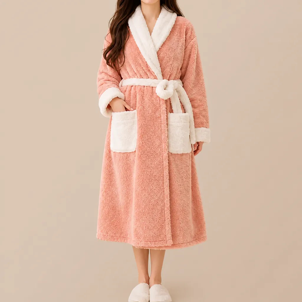 La boutique du peignoir Peignoir Femme Polaire - Long à Col Blanc, Rose Saumon