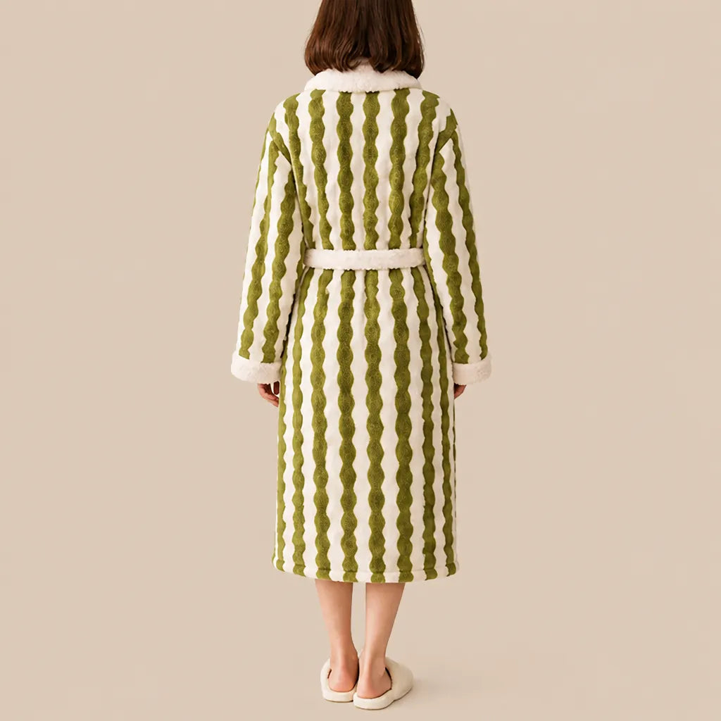 La boutique du peignoir Peignoir Femme Polaire - Long à Col Blanc, Vert à Rayures Ondulées