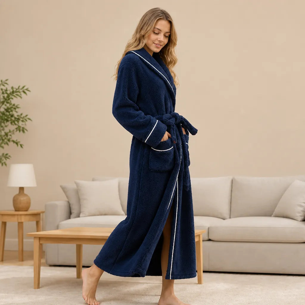 La boutique du peignoir Peignoir Femme Polaire - Long à Liseré, Bleu Marine