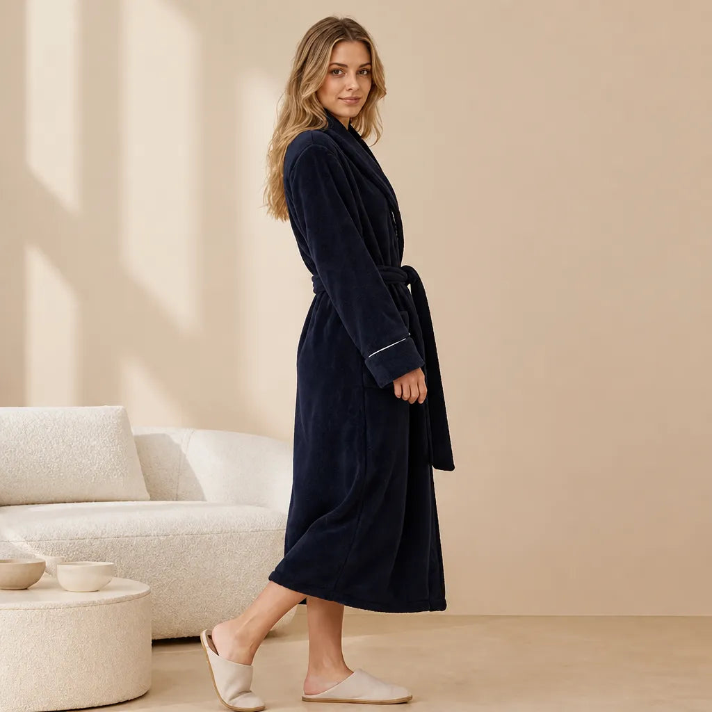 La boutique du peignoir Peignoir Femme Polaire - Long à Liseré, Bleu Nuit
