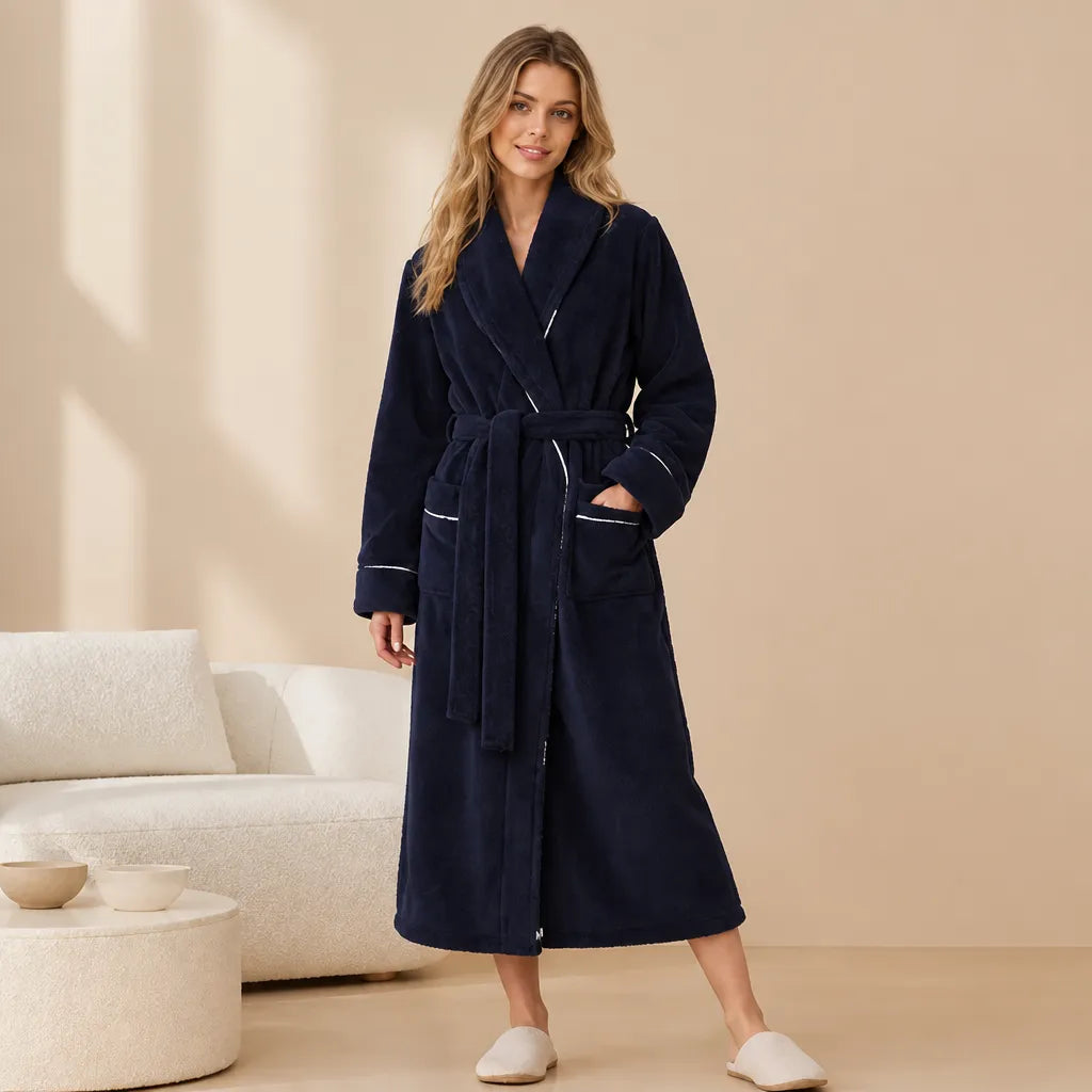 La boutique du peignoir Peignoir Femme Polaire - Long à Liseré, Bleu Nuit