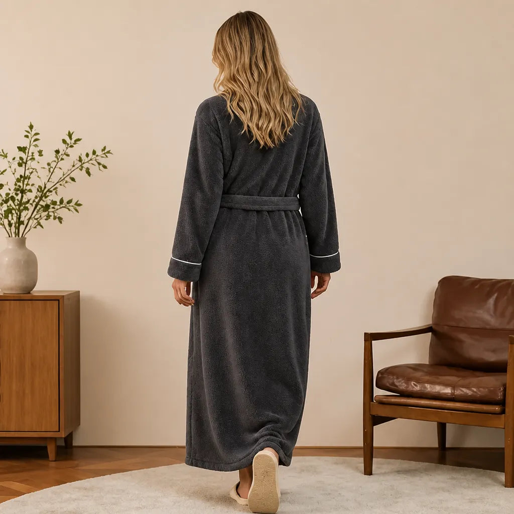 La boutique du peignoir Peignoir Femme Polaire - Long à Liseré, Gris Anthracite