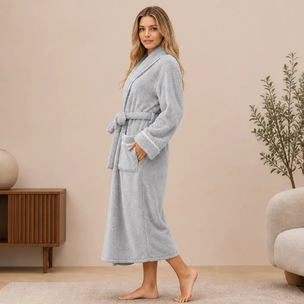 La boutique du peignoir Peignoir Femme Polaire - Long à Liseré, Gris Clair