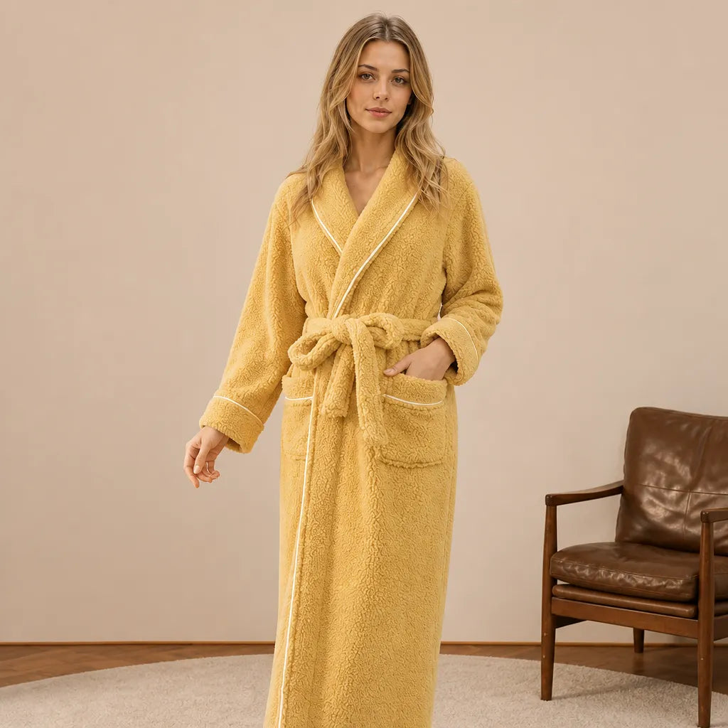 La boutique du peignoir Peignoir Femme Polaire - Long à Liseré, Jaune Moutarde