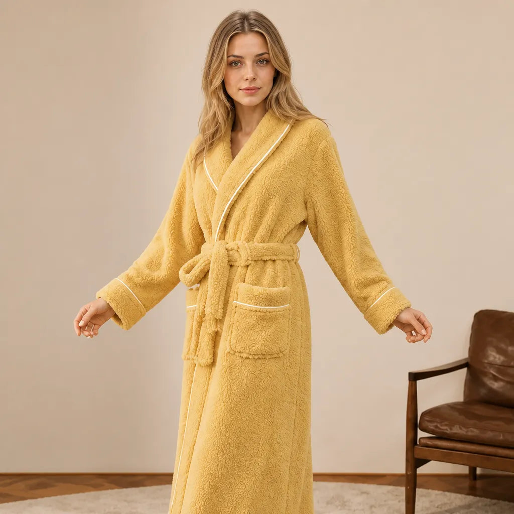 La boutique du peignoir Peignoir Femme Polaire - Long à Liseré, Jaune Moutarde