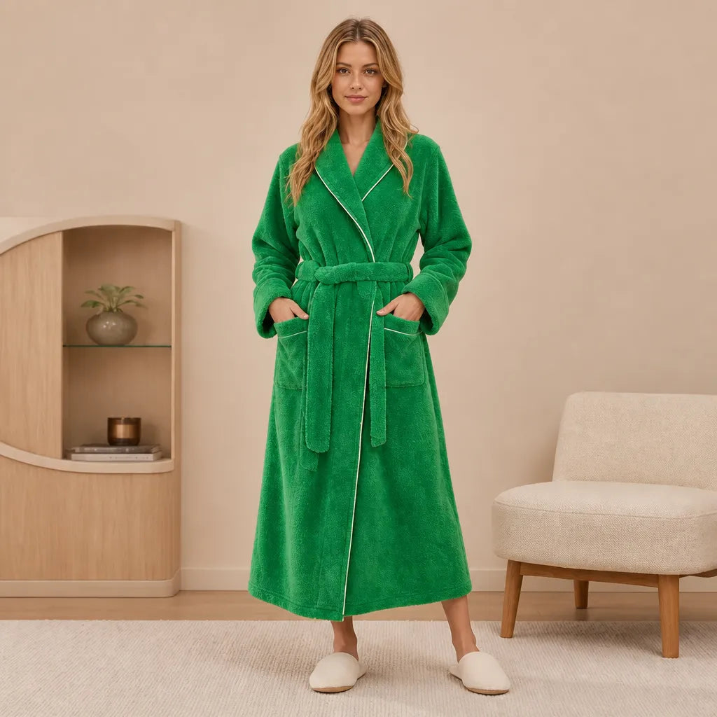 La boutique du peignoir Peignoir Femme Polaire - Long à Liseré, Vert Émeraude