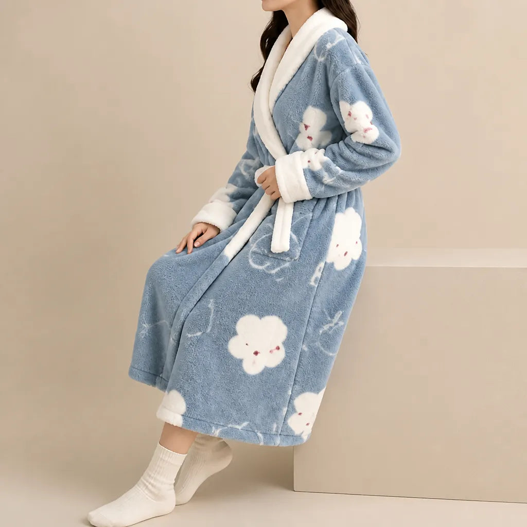 La boutique du peignoir Peignoir Femme Polaire - Texturé à Col Blanc, Bleu Ciel à Nuages
