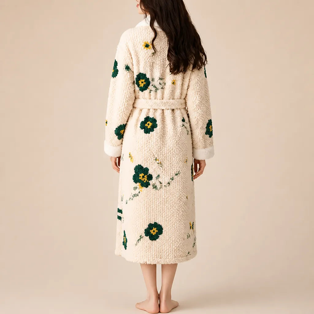 La boutique du peignoir Peignoir Femme Polaire - Texturé à Col Blanc, Écru à Fleurs Vertes