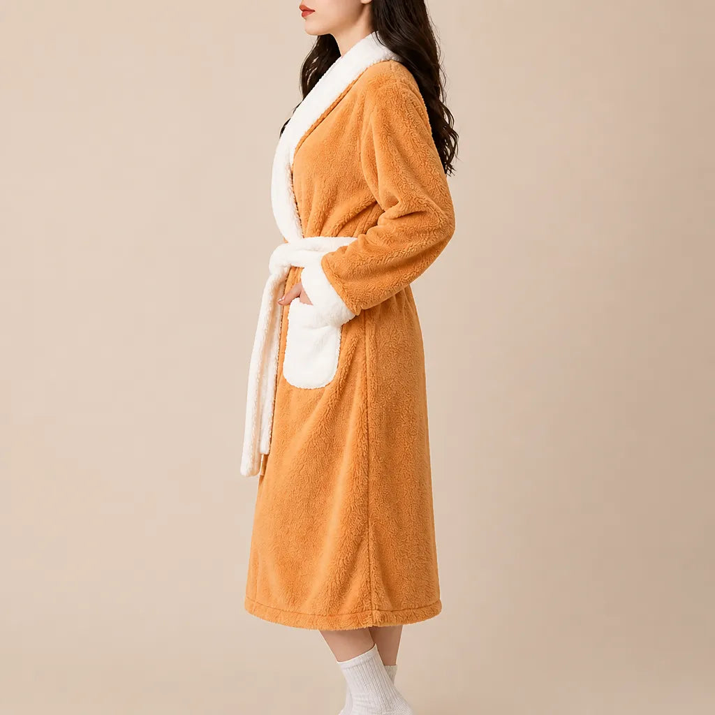 La boutique du peignoir Peignoir Femme Polaire - Texturé à Col Blanc, Orange Uni