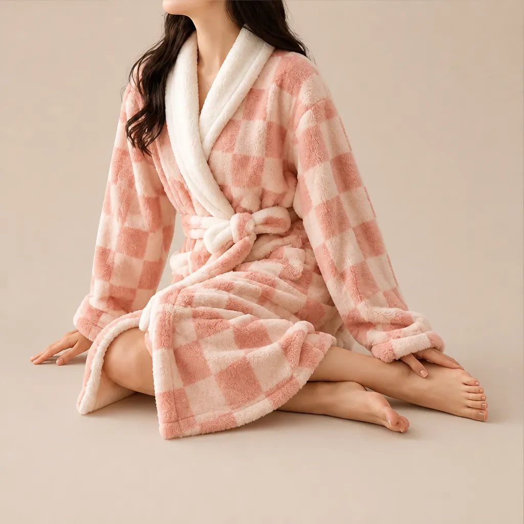 La boutique du peignoir Peignoir Femme Polaire - Texturé à Col Blanc, Rose Corail Damier