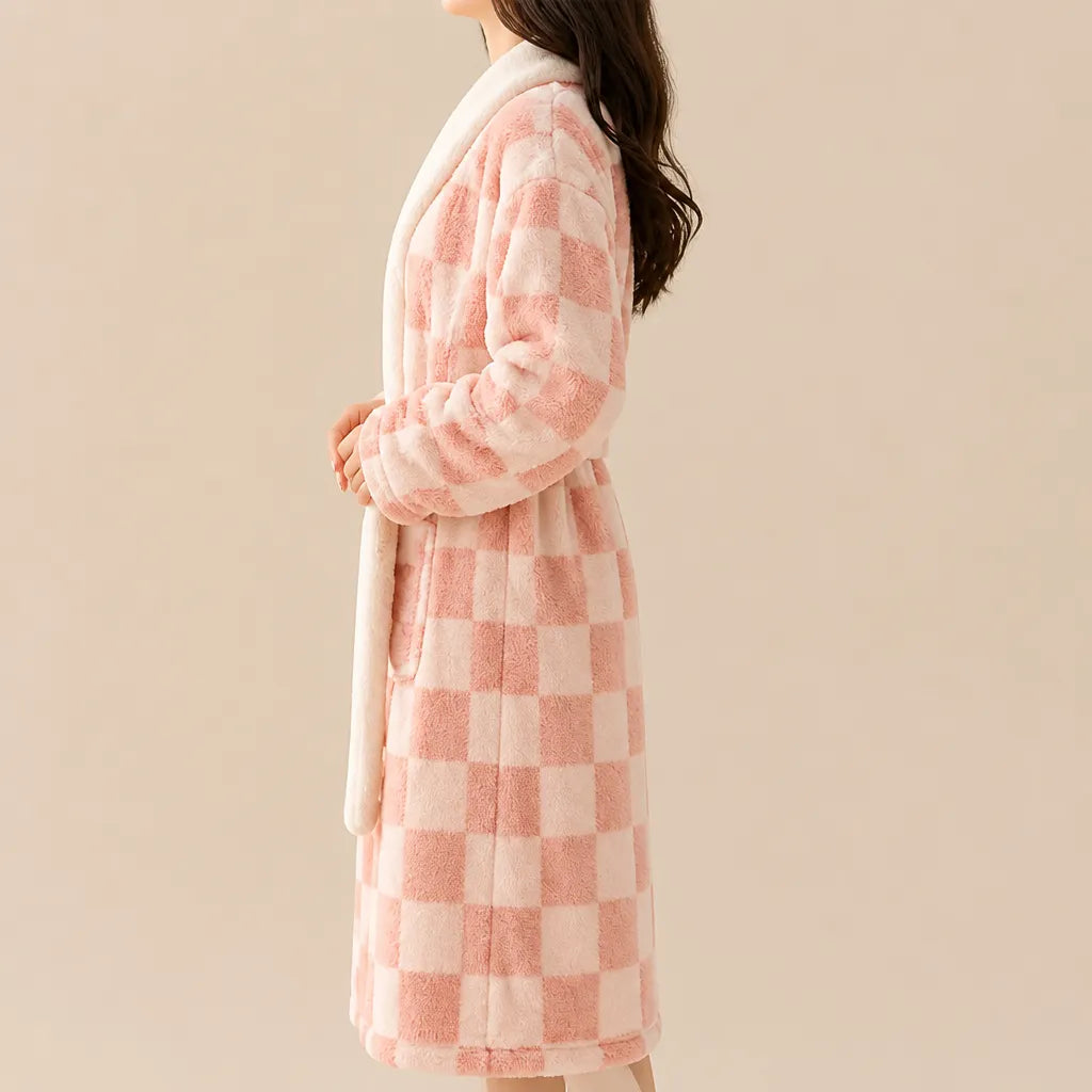 La boutique du peignoir Peignoir Femme Polaire - Texturé à Col Blanc, Rose Corail Damier