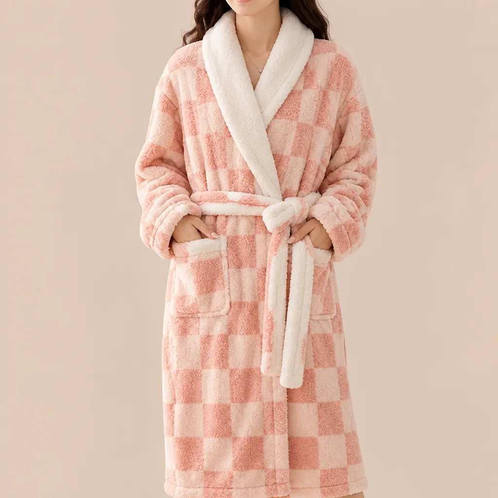 La boutique du peignoir Peignoir Femme Polaire - Texturé à Col Blanc, Rose Corail Damier