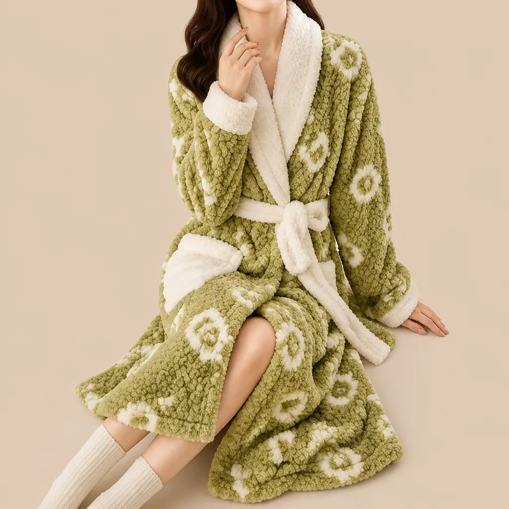 La boutique du peignoir Peignoir Femme Polaire - Texturé à Col Blanc, Vert Sauge Fleuri