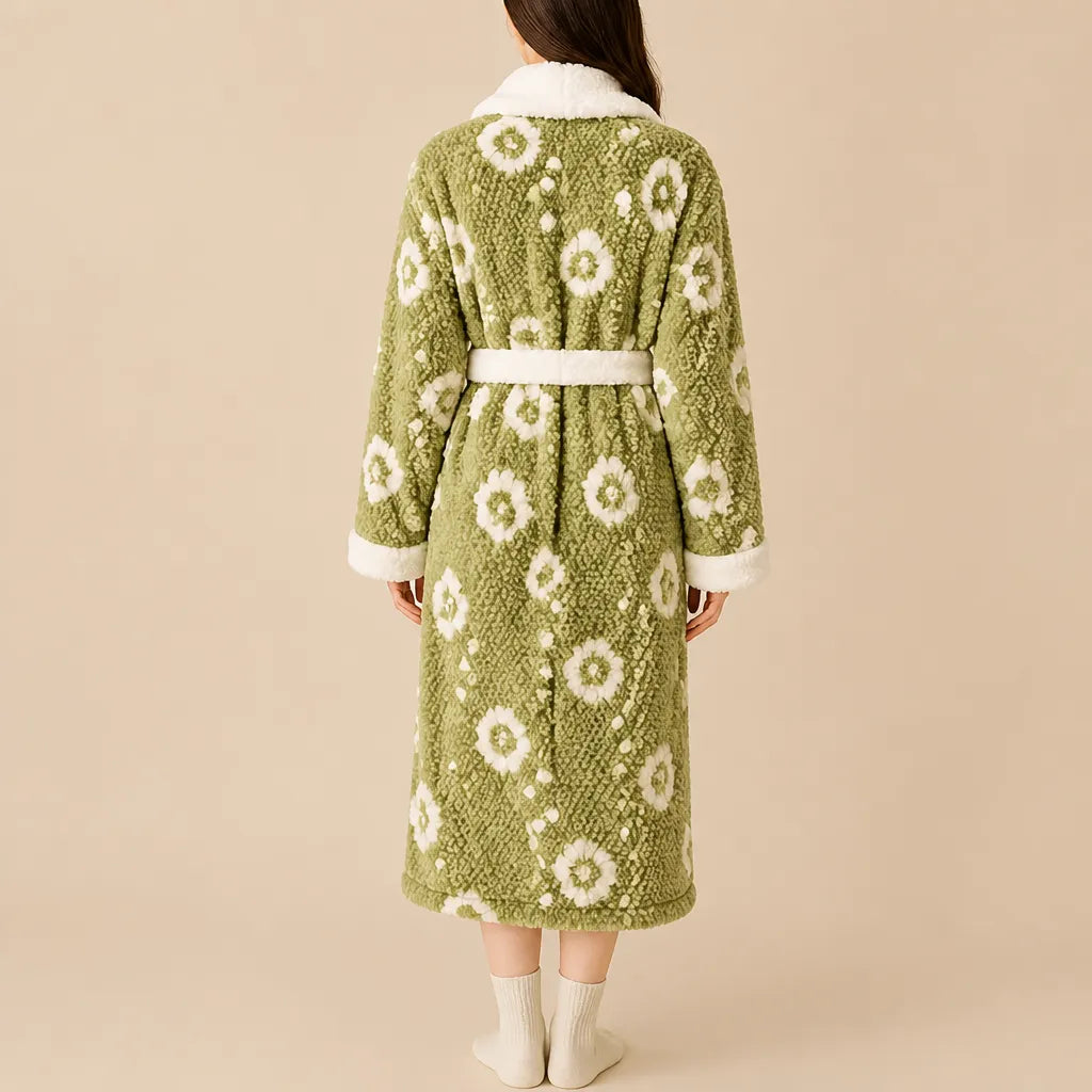 La boutique du peignoir Peignoir Femme Polaire - Texturé à Col Blanc, Vert Sauge Fleuri