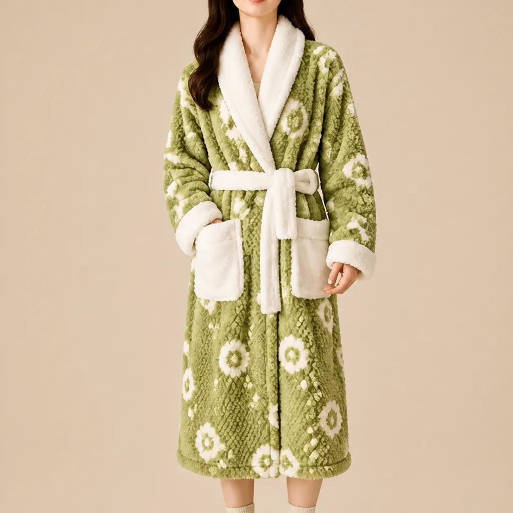 La boutique du peignoir Peignoir Femme Polaire - Texturé à Col Blanc, Vert Sauge Fleuri
