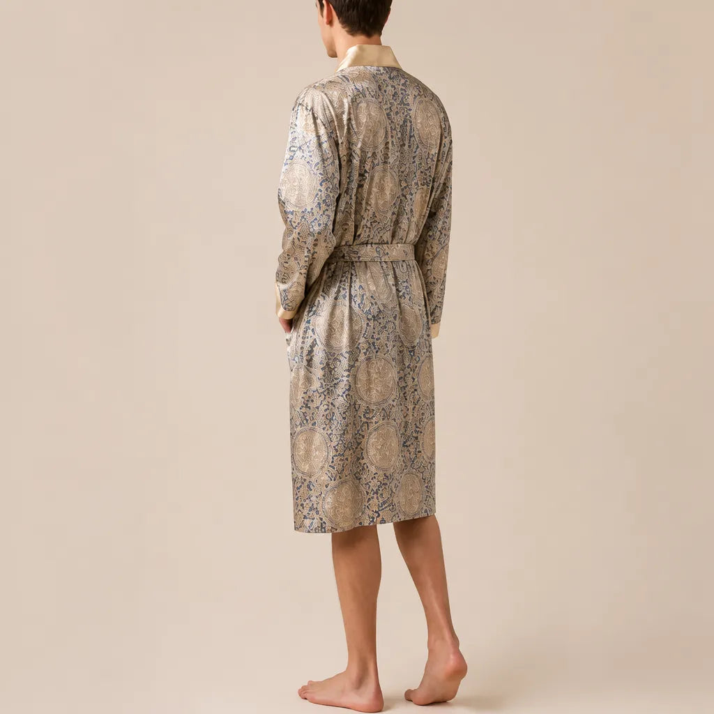 La boutique du peignoir Peignoir Homme Luxe - Kimono en Satin, Beige Doré à Motifs