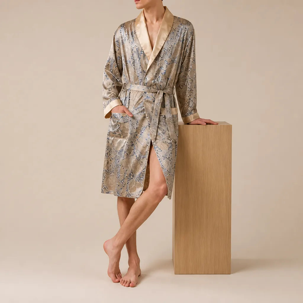 La boutique du peignoir Peignoir Homme Luxe - Kimono en Satin, Beige Doré à Motifs