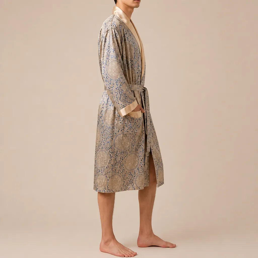 La boutique du peignoir Peignoir Homme Luxe - Kimono en Satin, Beige Doré à Motifs