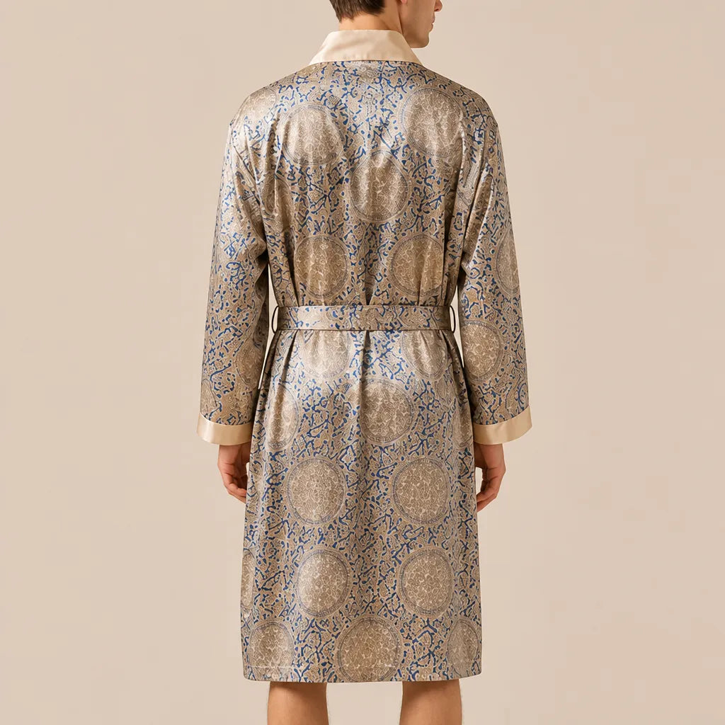 La boutique du peignoir Peignoir Homme Luxe - Kimono en Satin, Beige Doré à Motifs